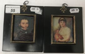 A pair of reproduction portrait miniatures in the 19th Century taste in black frames with gilt