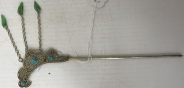 A Chinese white metal jade and stone set hairpin with filigree decoration,
