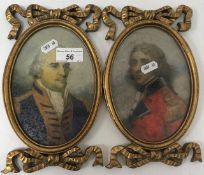 A pair of of modern decorative portraits in the 19th Century manner with ribbon decorated frames,