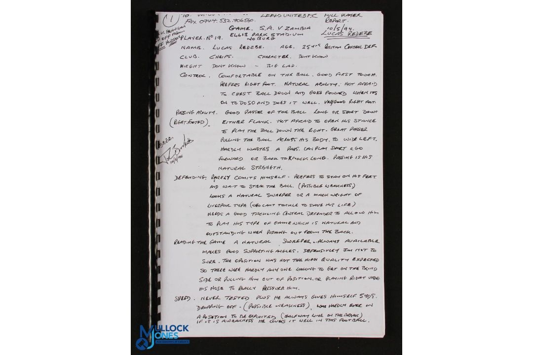 1994 Lucas Redebe Assessment file on player ability, fitness, suitability, history and other