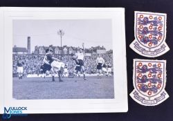 Derek Lewin b&w action photograph playing for England (possibly at Dulwich Hamlet) plus 3 lions