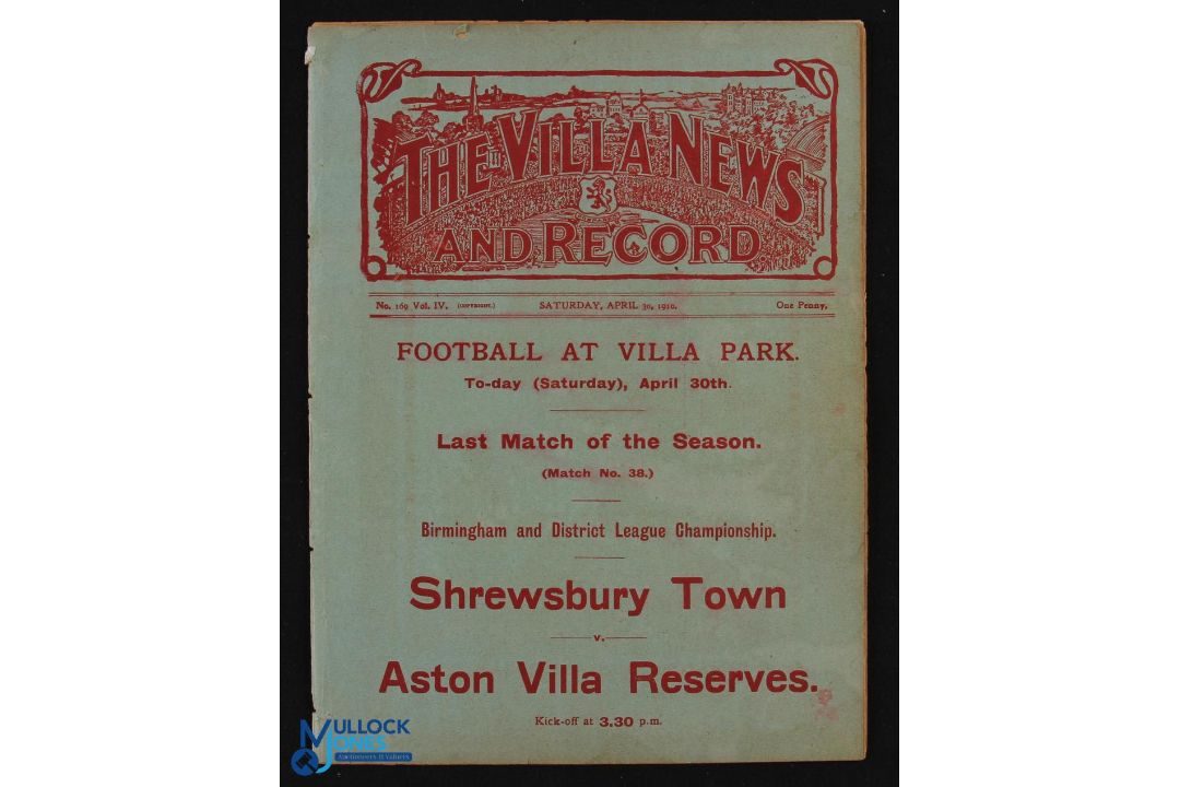 1909/1910 Aston Villa (reserves) v Shrewsbury Town (1st team), Birmingham League match programme;