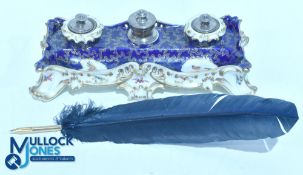 Ceramic French Desk Inkwell with dust pot and pen storage comes with a feather quill pen 28 x 13cm