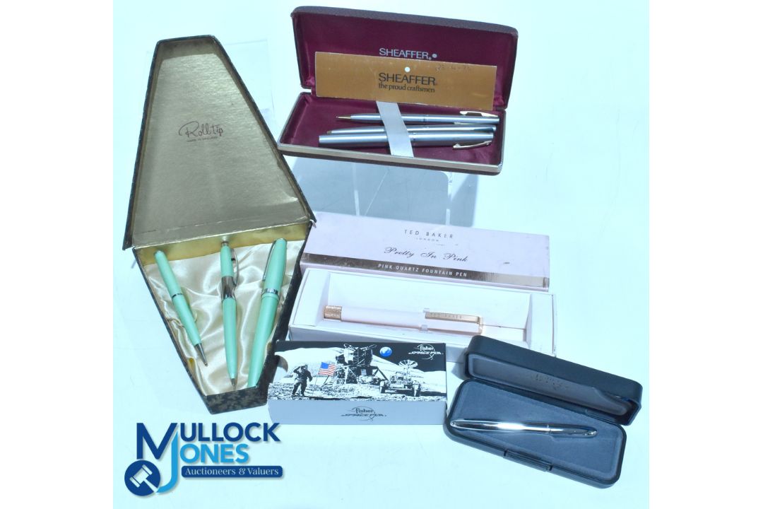 Selection of Pens to consist of Sheaffer Ser with 14k Gold nib - Ted Baker Fountain Pen - 1950s Roll