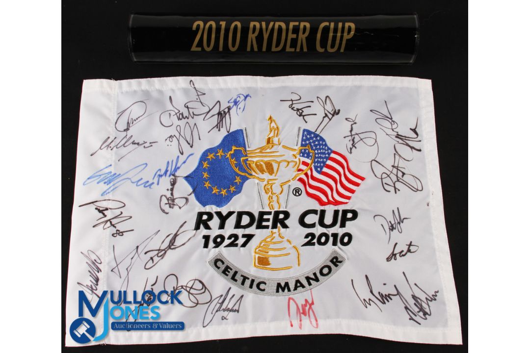 Scarce 2010 Ryder Cup Celtic Manor Embroidered Pin Flag Signed by Both The European and USA
