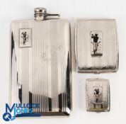 Group of 3x Golfing Related Chrome Plated Items - including large hipflask, cigarette case and small