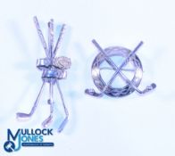 2x Hallmarked Silver Golfing Brooches features a triple crossed golf club and belt constructed