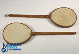 A Pair of Vellum Table Tennis Bats Ping Pong No 4, stamped 'Payne', 'Warranted Best Vellum', 50cm