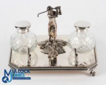 Silver Plated Female Golfer Design Inkwell Desk Stand having a central standing female golfer