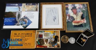 Golf Signed Items: Badges and Collectables, a mixed lot incl a signed Greg Norman photograph, a