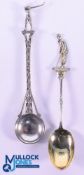 2x Individual and Interesting detailed golfing figure and golf ball silver spoons -one featuring a