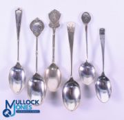 Interesting Collection of Silver Golfing Teaspoons (6) - all with various crossed golf clubs, golf