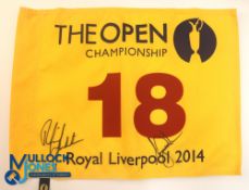 Autograph - Signed Tiger Woods and Phil Mickelson 2014 The Open Royal Liverpool Golf Pin Flag-