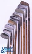 9x Various Irons to incl jigger, mid iron, mashie, mashie niblicks, niblick et al makers stamp marks