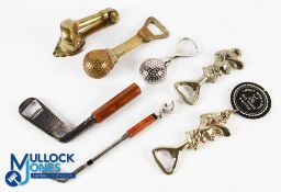 Golf Brass & Metal Collectables, bottle openers, door knocker, corkscrew (7)