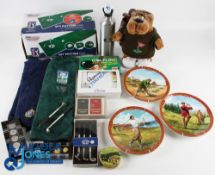 Golf Collectibles, a mixed lot to include 3 golfing collection plates by Melvyn Buckley, 1977 The
