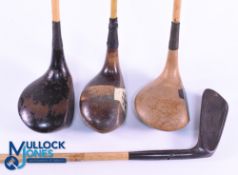 Collection of Early Coated Wood Effect Steel Shafted Golf Clubs (4) Brassie, Bulldog Baffie and a