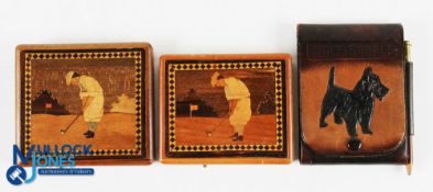 2 Wooden Inlay Golfing Cigarette Dispensers, cases decorated with golfing figures on both sides, a