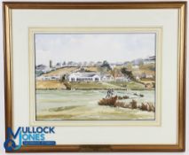 Fine Watercolour Royal North Devon Golf Club - 18th Hole, Players in the foreground and the club