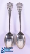 Fine Pair of 1930s Silver Golfing Dessert Spoons - with ornate skeleton style finials decorated with