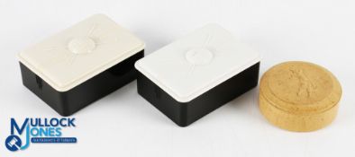 3 Bakelite Silver King & Beetleware Storage Cigarette or Trinket Boxes, all with golf decorated lids