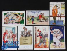 7 Period Printed Golf Humour Postcards, 6 with golf themes and one has been post marked The Open