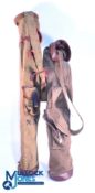 2 Period canvas and leather / leatherette edged pencil Golf Bag, with pocket for golf balls - both