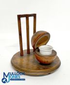 Antique Treen Cricket Inkwell desk tidy, cricket ball with ceramic inkwell inset and stumps on