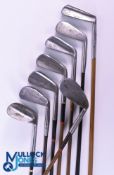 Variety of early Maker's Coated Steel Shafted Irons (8) to incl W M Watt '88' Heavy Sand Iron with