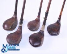 5x Assorted socket neck woods - to incl' R Forgan crown model brassie in light stained persimmon,