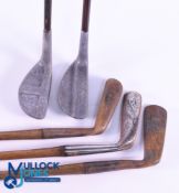 5x Assorted clubs - incl 2x Hickory shaft putters a gooseneck metal blade showing the Cochrane cleek