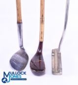 3x Various clubs - incl' Tom Stewart Fairlie's Patent Anti-Shank niblick, an Odyssey dual force