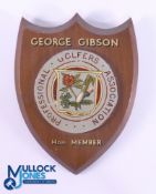 George Gibson PGA Hon Member Presentation Wooden Shield - c/w handwritten details on the reverse -