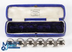 Set of Golf Ball Place Setting Card Holders, 6 metal chromed golf balls in original jewellers' box -