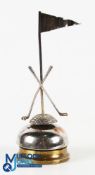 Golf Club Shop Desk Bell, with chromed flag and crossed clubs, on a brass weighted base, #19cm tall