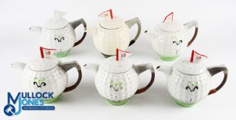 6 Tony Wood 18th Hole Golf Ball Style Teapots, a collection of 6 teapots, all in good condition,