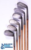 6x Assorted irons - incl' round wide sole pitcher showing the Halley cleek mark, Forgan and Son POWF