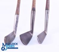 3x Smooth faced gutty ball period irons - incl' a lofter and a cleek devoid of maker's marks, and