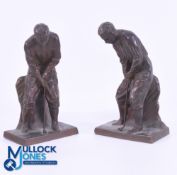 Fine Pair of Bronze Cast Bobby Jones Style Golfing Figure Book Ends - both impressed on the backs