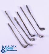 Collection of Interesting White Metal Miniature Golf Clubs (6) to incl early longnose play club,