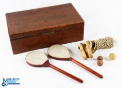 Period Table Tennis Set in wooden box containing 2 small vellum covers bats, nets, posts, ball. NB 2