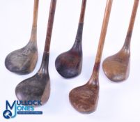 5x Assorted socket neck woods - to incl' 2x small headed drivers incl J P Cochrane light stained,