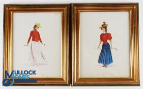 Pair of Early Original Hand Coloured Ladies Golf Prints titled 