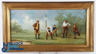 Ceri Marco Edwardian Golf at the 9th Hole c1990, oil on copper in golf leaf frames with crackle