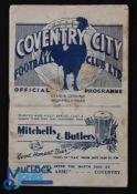 1937/38 Coventry v Burnley football programme date 4 Sep, creases, marks, small nicks apparent, A/