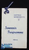 1929/30 Sheffield Wednesday FC v Arsenal Souvenir football programme date 7 Sep at Hillsborough,