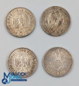 4x 1935 1936 1938 German Nazi 5 Marks, Paul von Hindenburg, silver 900 coins