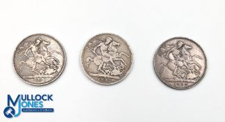 3x Victoria Silver Crown Coins: 1891, 1892, 1893 - LVI to edge