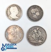 4x Georgian and Victorian Silver Crown Half Crown Coins and Double Florin - 1817, 1818 half