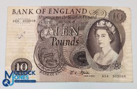 J S Fforde Ten Pound Banknote with Serial A54 302008 - circulated condition - has pen mark